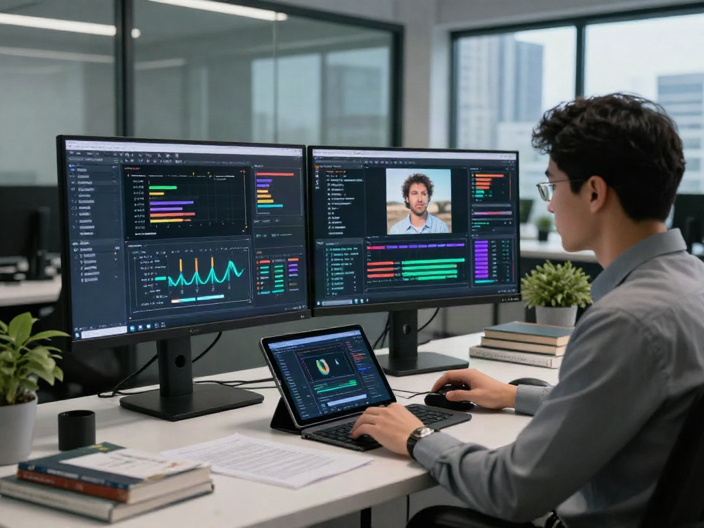 AI Image Detection process in high-tech workspace with monitors displaying visual data analysis.