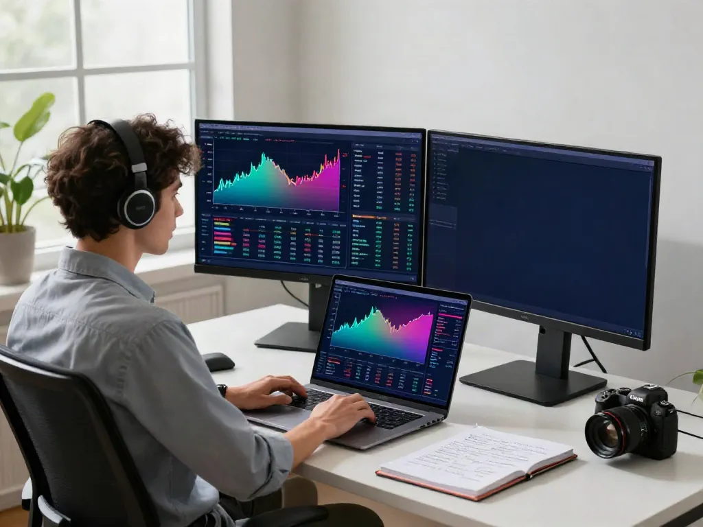 Focused trader analyzing TradingView charts in a modern workspace with multiple displays.