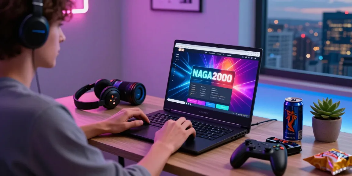 NAGA2000 gaming platform interface displayed in a vibrant home office, inviting gaming atmosphere.