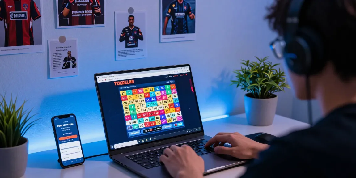 Player engaged in online togel betting on TOGEL88, showcasing Pasaran Togel Terlengkap with vibrant digital elements.