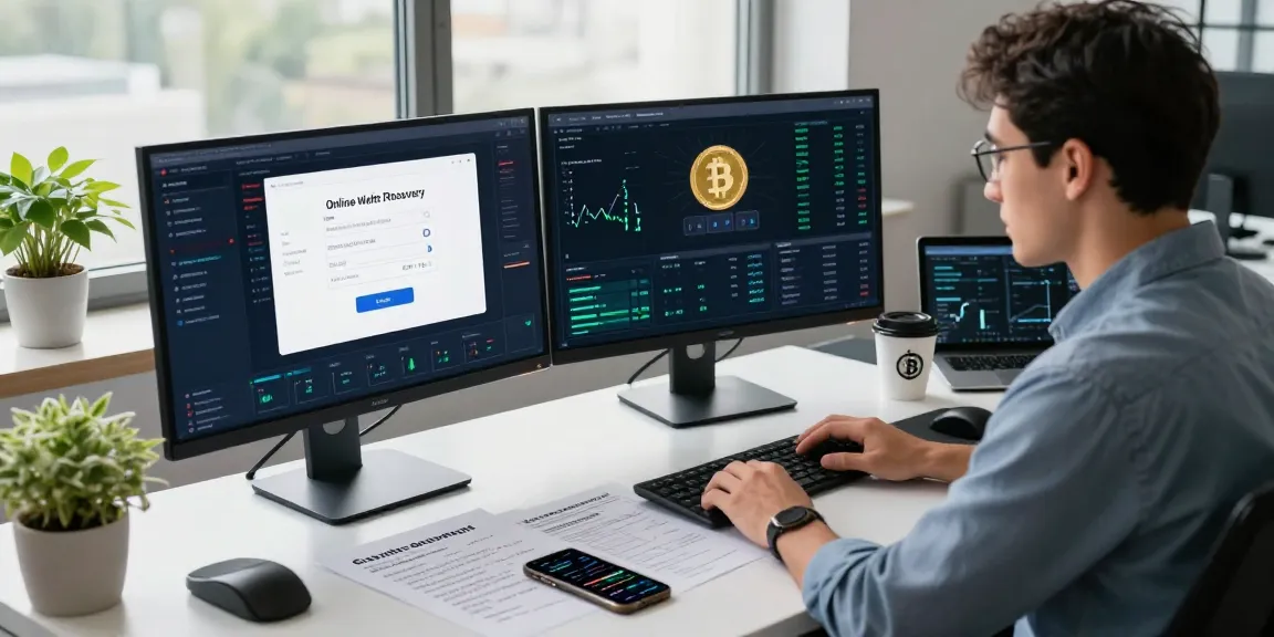 Recover lost crypto in a modern finance workspace with screens showing recovery guides and charts.