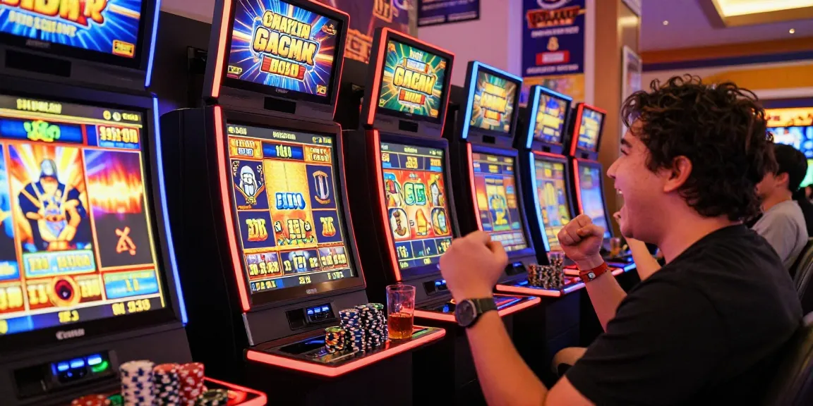 Slot gacor: Pemain merayakan kemenangan di mesin slot dengan suasana kasino yang cerah.