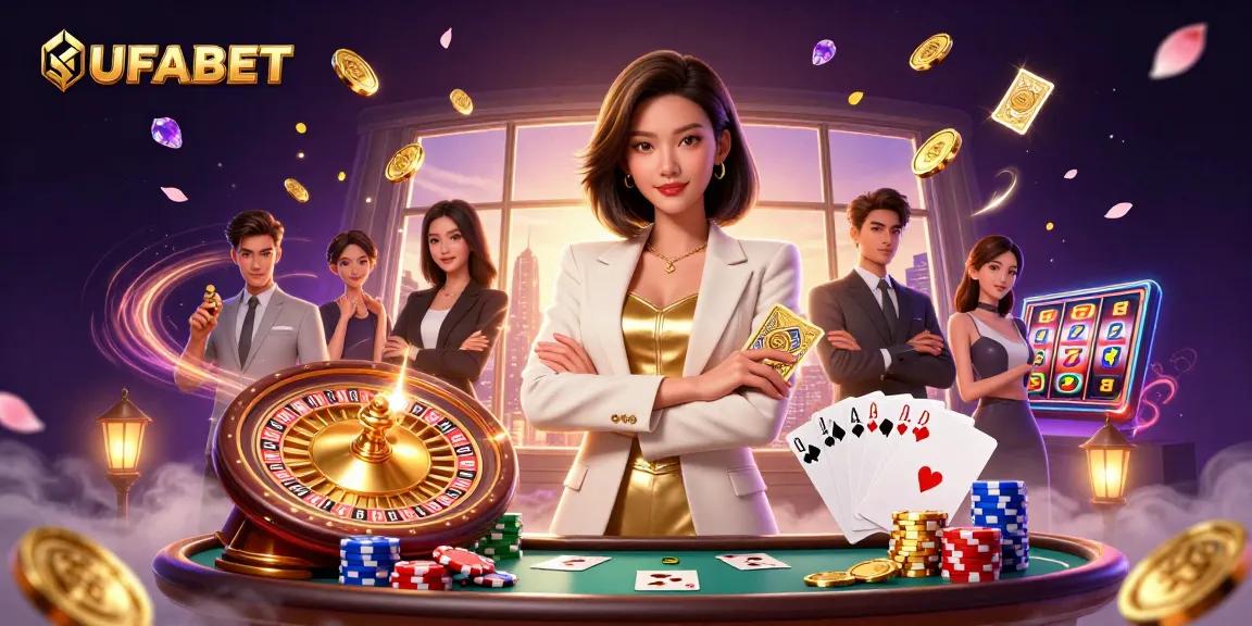 Experience the thrill of UFABET with a powerful Asian woman holding golden cards in an electrifying casino scene.