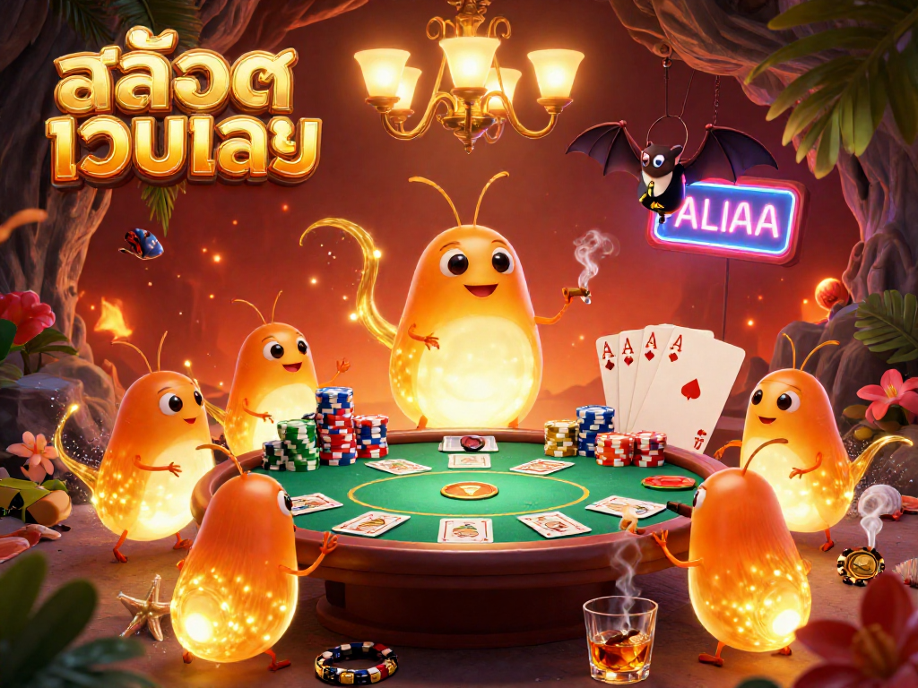 Experience สล็อตเว็บตรง in a lively cave casino with glowworms and poker elements lighting up the scene.