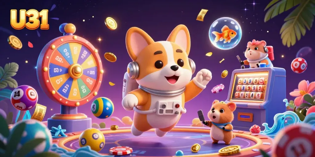 Experience the thrill of U31 with a playful 3D scene showcasing vibrant casino elements and lively characters.