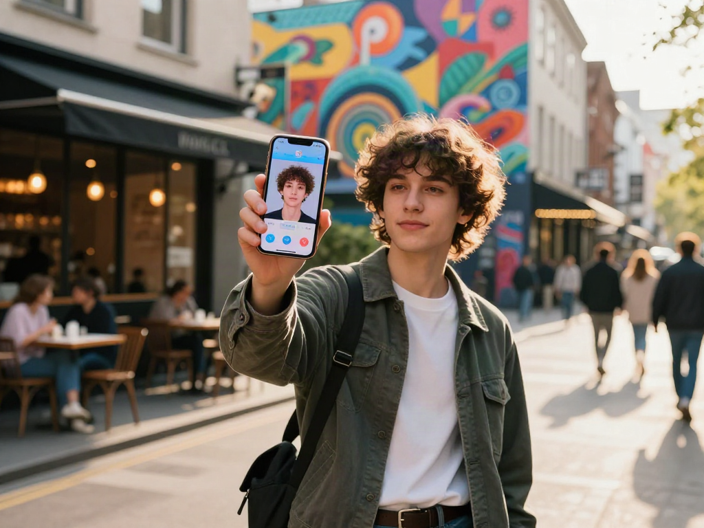 Test attractiveness using an app in a vibrant urban setting with fashionable person taking a selfie.