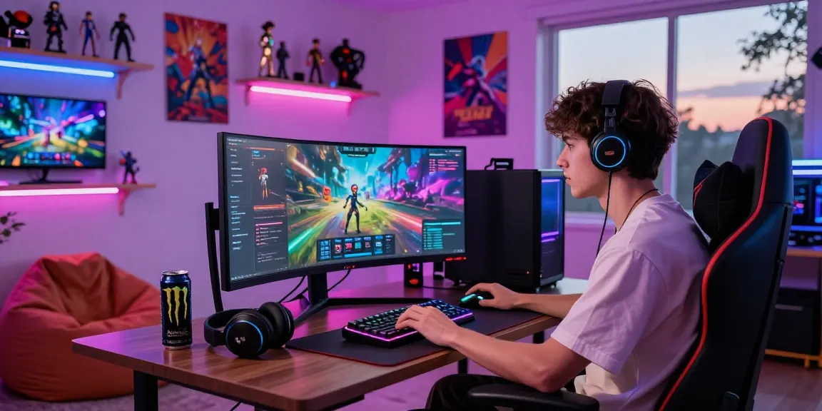 Stylish gaming room decor with RGB lighting, gaming setup, and collectibles.
