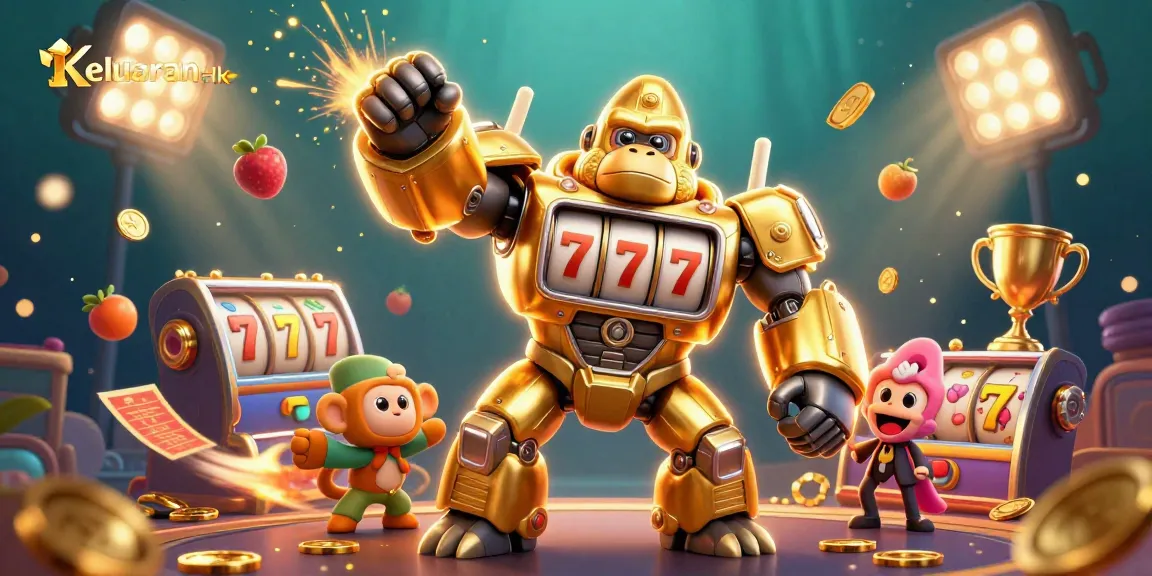 Keluaran Hk results displayed dynamically with animated 3D golden gorilla mech and slot machine elements.