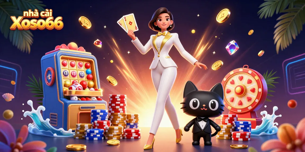 Engage with the exciting world of nhà cái Xoso66 featuring a glamorous woman playing cards alongside a tuxedo cat in a vibrant casino setting.