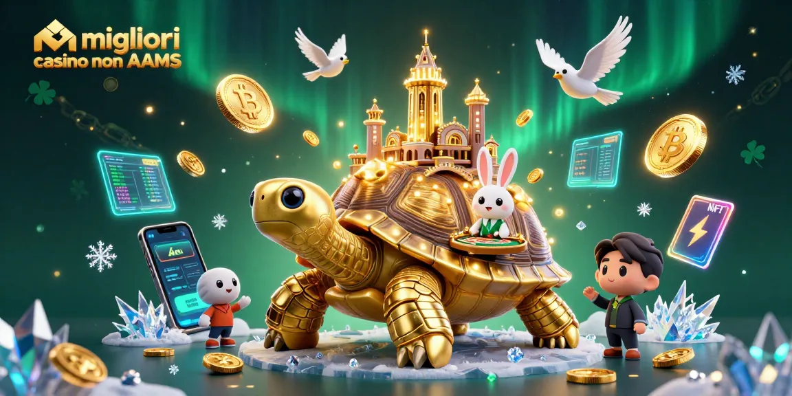 I migliori casino non AAMS presentano un'illustrazione di un tartaruga d'oro con un palazzo di casinò e un dealer in un mondo incantevole.