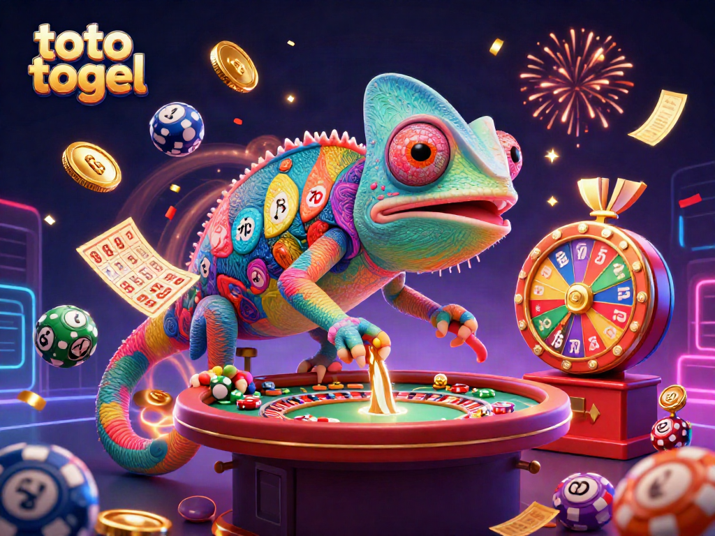 Engage with toto togel excitement in a vibrant, animated casino scene featuring a chameleon owner.