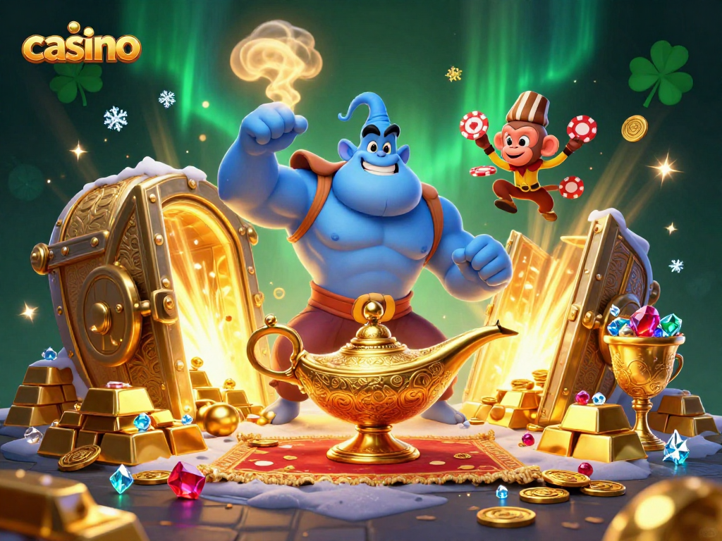 Engage with the exciting casino scene featuring a muscular blue genie, treasures, and poker chips.