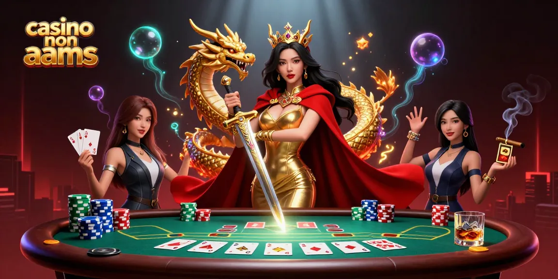 Scena di casinò non AAMS con una regina guerriera con spada d'oro ed elementi di poker