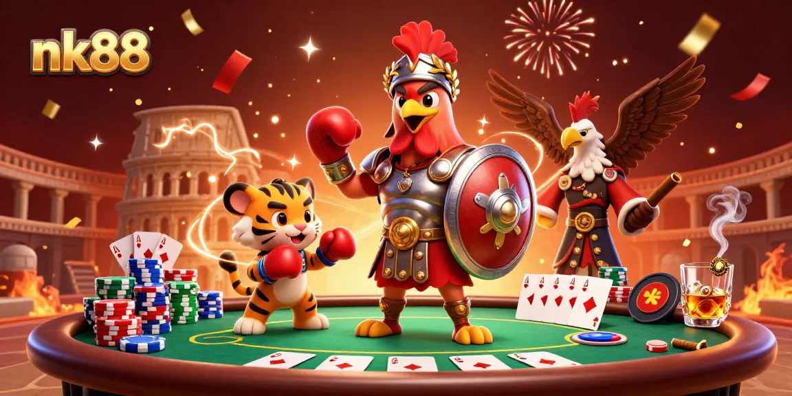 Experience the excitement of nk88 with a vibrant scene featuring a gladiator rooster and tiger cub amidst poker action.