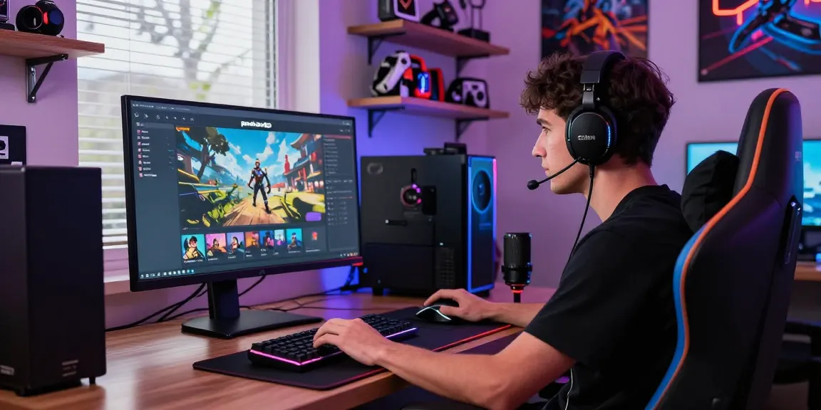 Immersive gaming setup highlighting pakde4d functionality, featuring a focused gamer, high-end peripherals, and stylish environment.