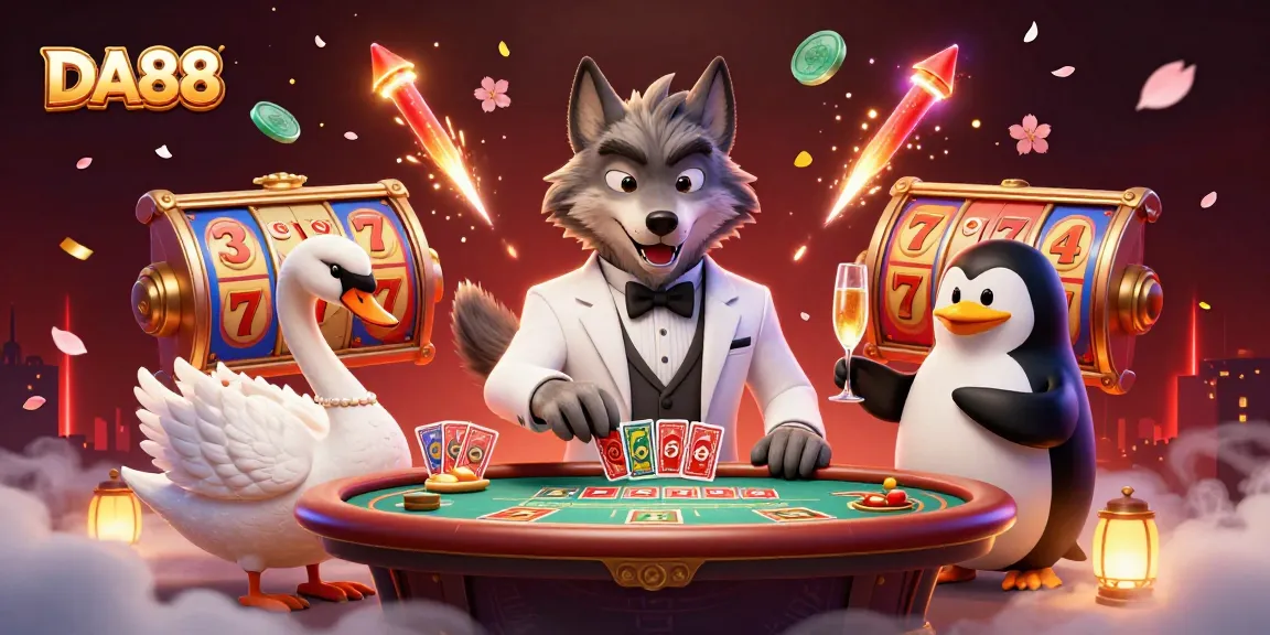 DA88 players spinning slot reels amidst vibrant casino elements in an engaging digital illustration.