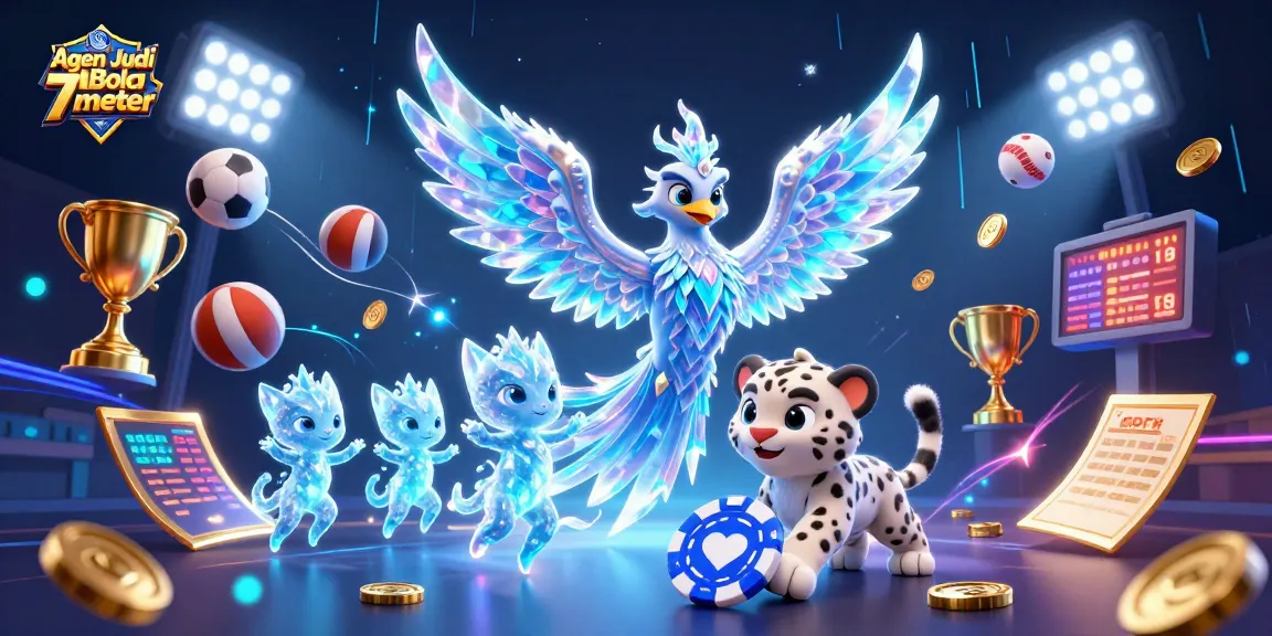 Engage with Agen Judi Bola 7meter through a vibrant illustration of an ice phoenix, snow leopard, and sports elements.
