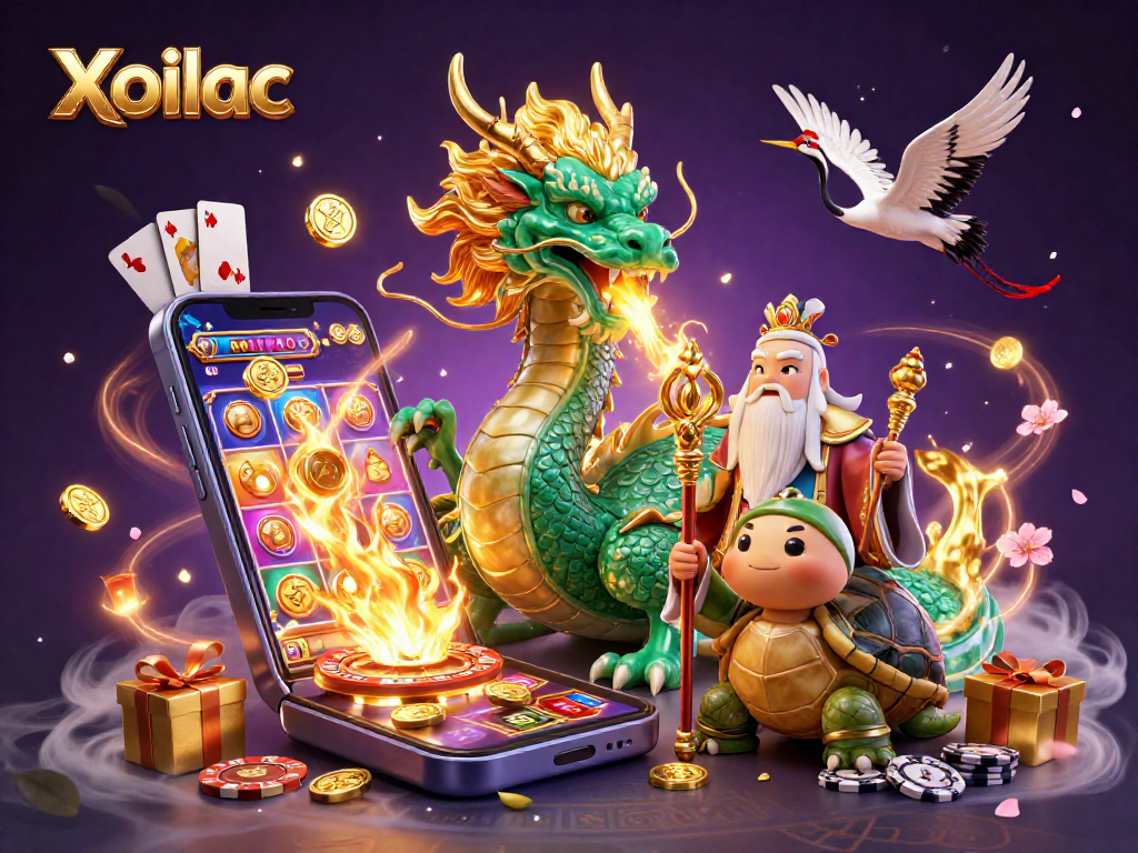 Experience thrilling luck and excitement with Xoilac's vibrant gaming illustration featuring a dragon and lucky symbols.