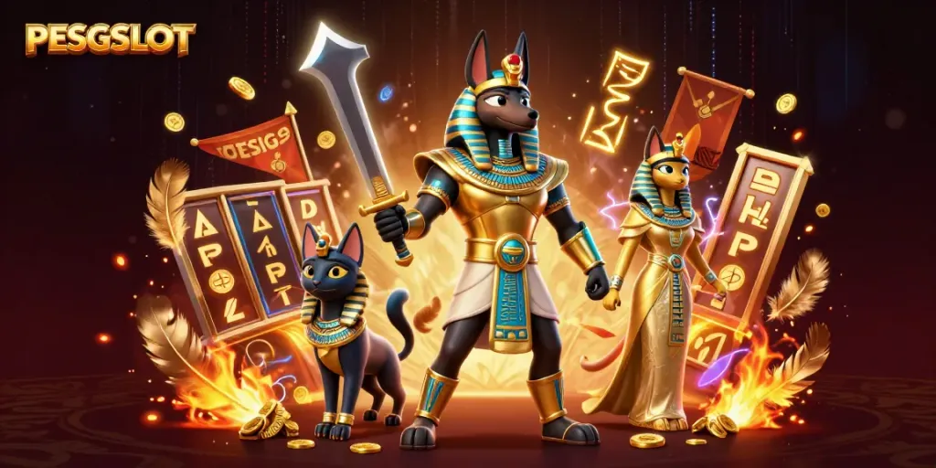 Gambarkan PESGSLOT dengan Anubis dan Bastet beraksi di arena slot yang megah.
