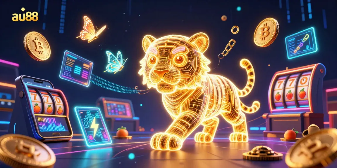 Experience captivating gameplay at au88 with vibrant slot symbols and a golden energy tiger.