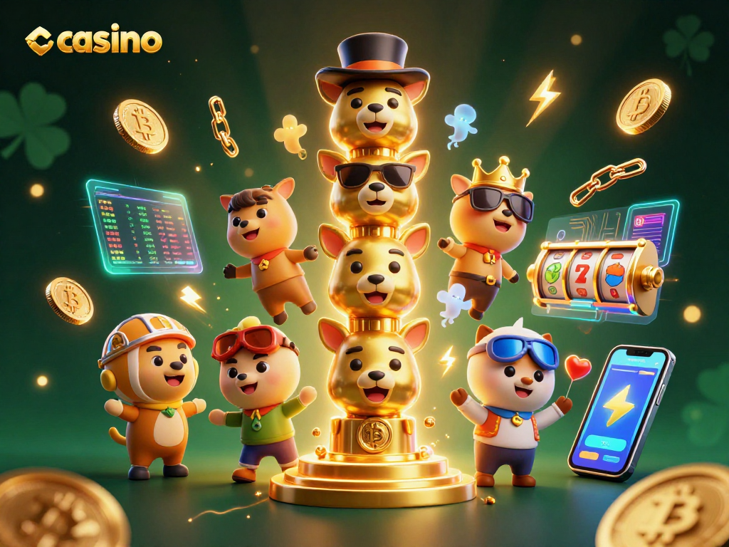 Engage with thrilling casino action featuring vibrant characters and slot reels.