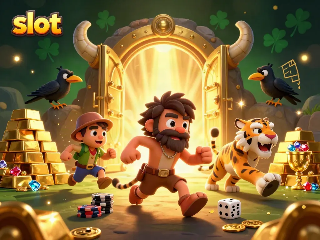 Slot yang meriah dengan dua karakter prasejarah di kasino, dikelilingi harta berkilau.