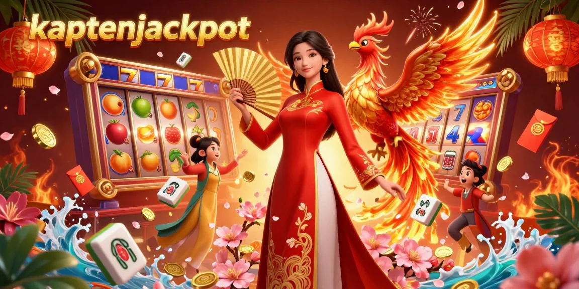 Engage with the kaptenjackpot experience, featuring vibrant slot symbols and a traditional Vietnamese heroine.