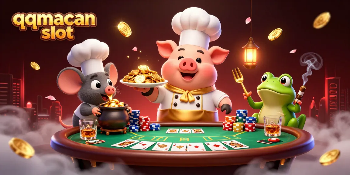 Experience the excitement of qqmacan slot with lively characters enjoying coin treasures and poker action.
