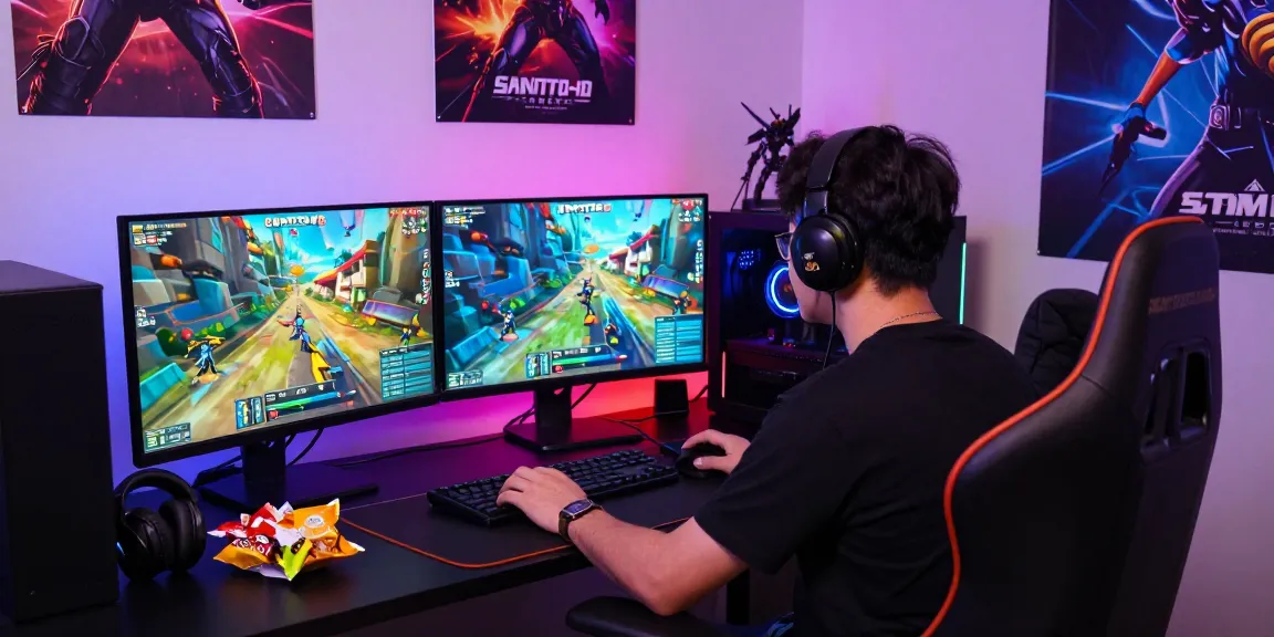 Pemain SANTOTO4D sedang bermain game seru dengan laptop dan monitor berwarna-warni.