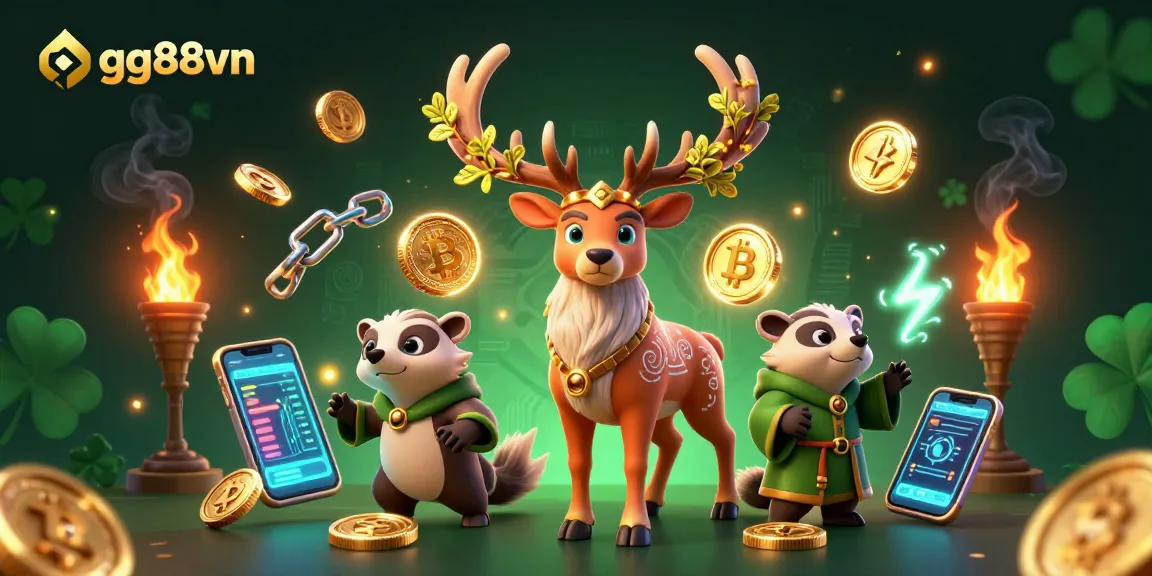 Engage with gg88vn's captivating 3D fantasy illustration showcasing a Celtic druid stag amidst golden mistletoe and crypto elements.
