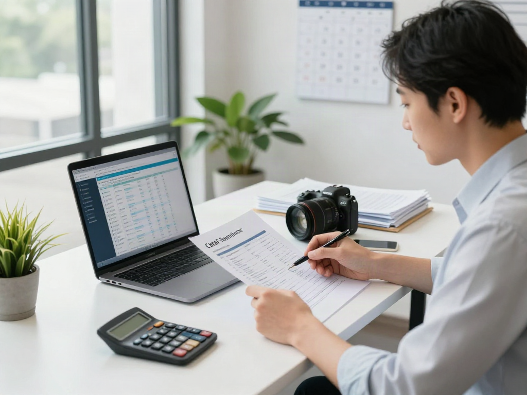SMSF Accountant analyzing financial reports at a modern office desk with compliance documents.