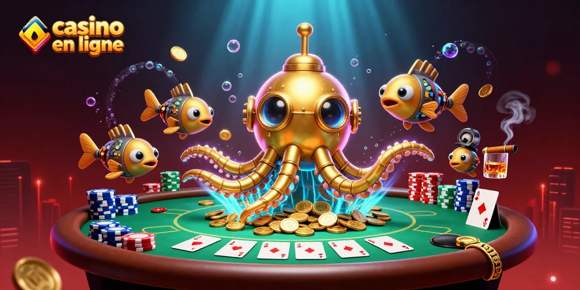 Jouez au casino en ligne avec le kraken doré entouré de jetons colorés et de cartes de poker.