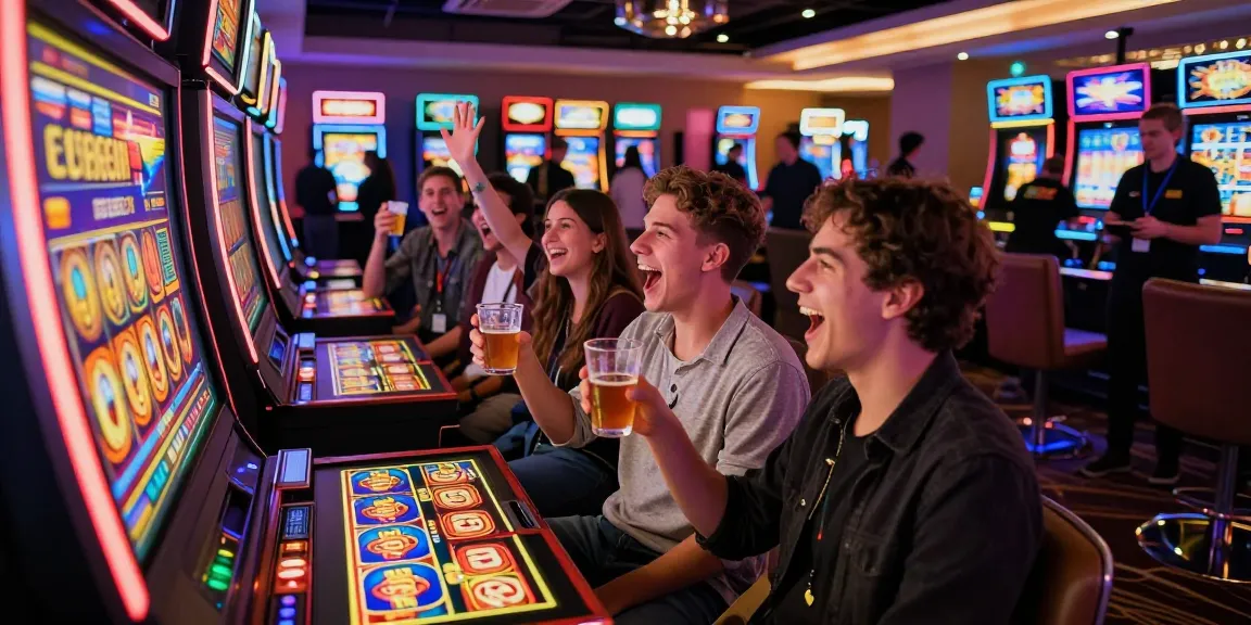 Group celebrating a jackpot at a slot deposit 1000 machine, vibrant casino atmosphere.