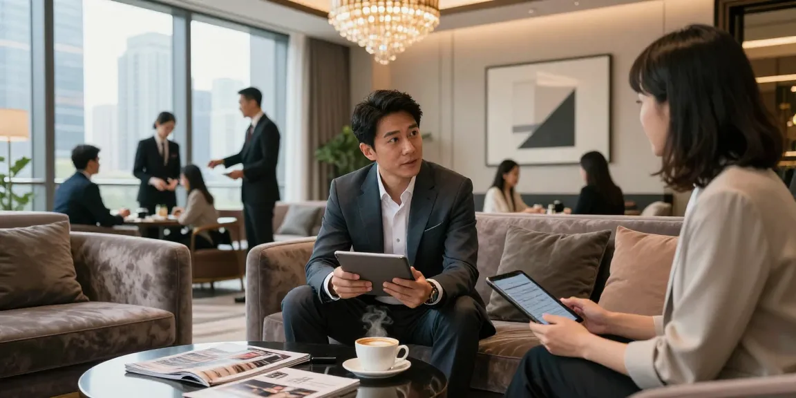 A professional scene featuring Terry Hui discussing ideas in a luxurious hotel lobby, showcasing sophistication and elegance.