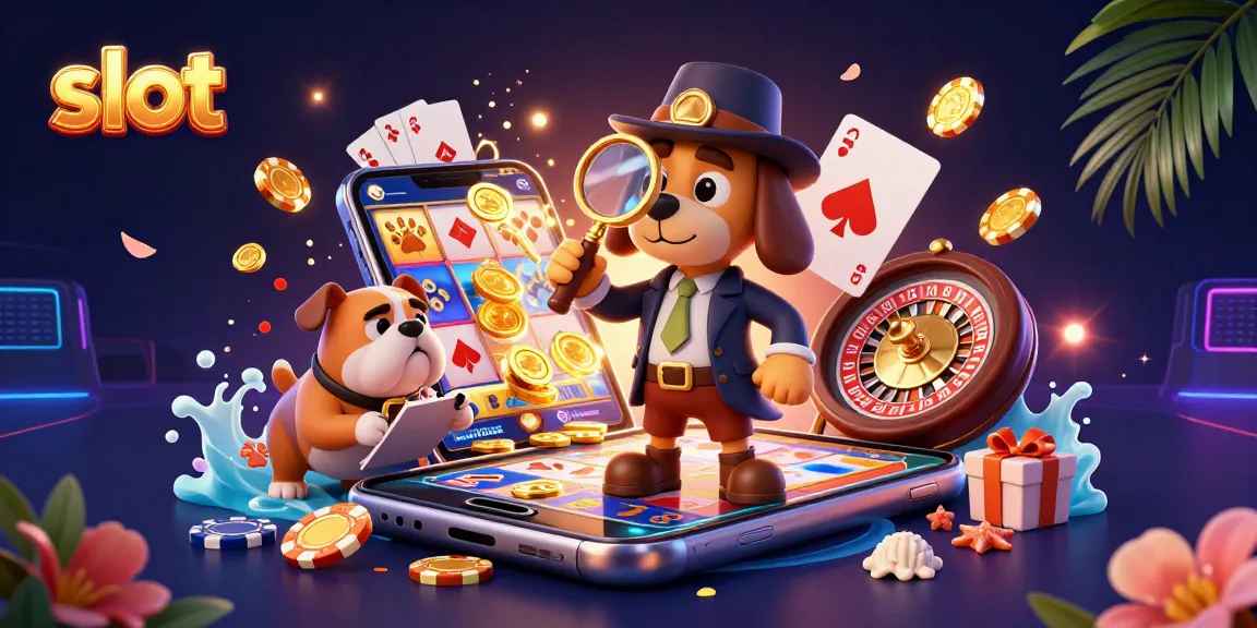 Spin the slot reels and discover treasure with a detective and bulldog in a colorful casino scene.