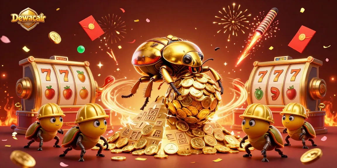 Dewacair casino illustration with a golden dung beetle rolling coins and vibrant slot game elements.
