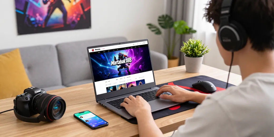 Pengguna martabak188 login dengan laptop di ruang tamu yang nyaman, menampilkan antarmuka intuitif dan aksesoris gaming.