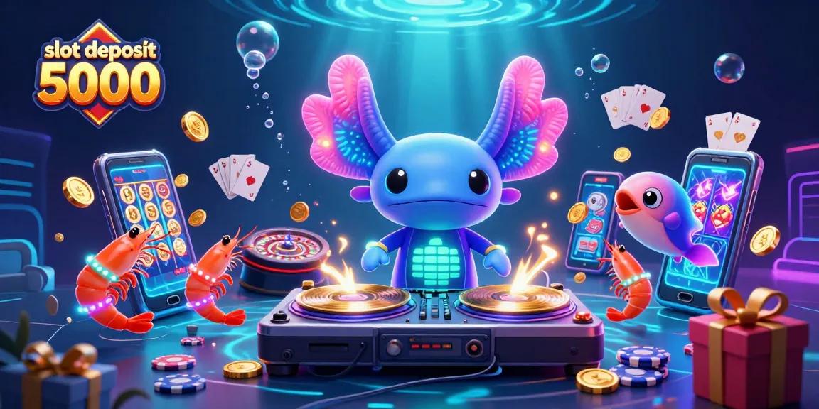 Bermain slot deposit 5000 dalam ilustrasi 3D penuh warna dengan DJ axolotl dan efek slot yang memukau.