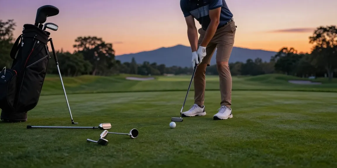 Ulasan putter di https://puttperfection.com/putter-reviews dengan pemain golf berlatih di lapangan hijau yang indah.