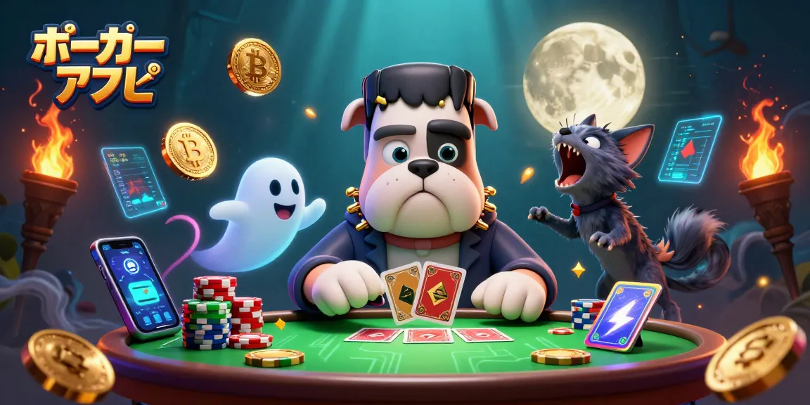 ポーカー アプリでカードを配るフランケンシュタインブルドッグの3Dイラスト、ゴーストマウスと子猫のウルフ人間も登場