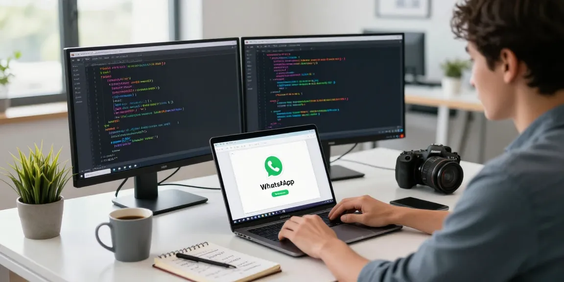 Developer using WhatsApp網頁版 for coding in a modern tech workspace