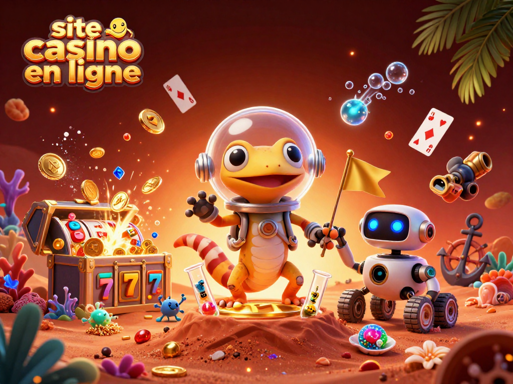 Découvrez le site casino en ligne au milieu d'une scène dynamique avec des éléments de jeu colorés.