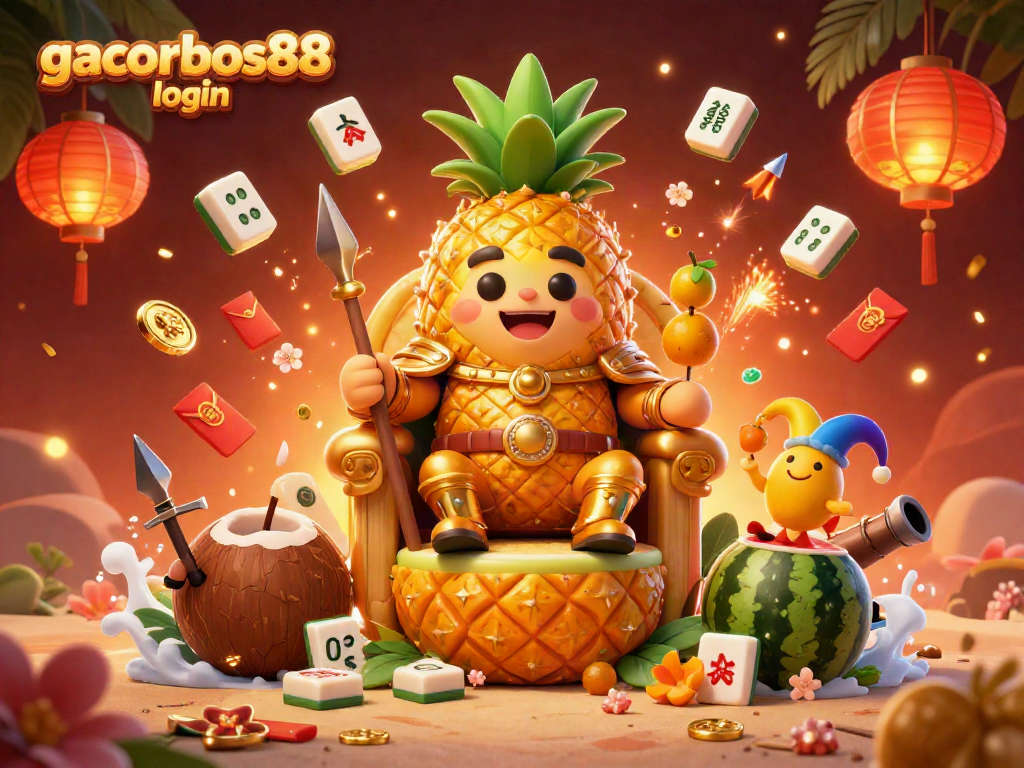 Engage with gacorbos88 login at a vibrant beach casino illustration featuring a golden pineapple king and dynamic casino elements.
