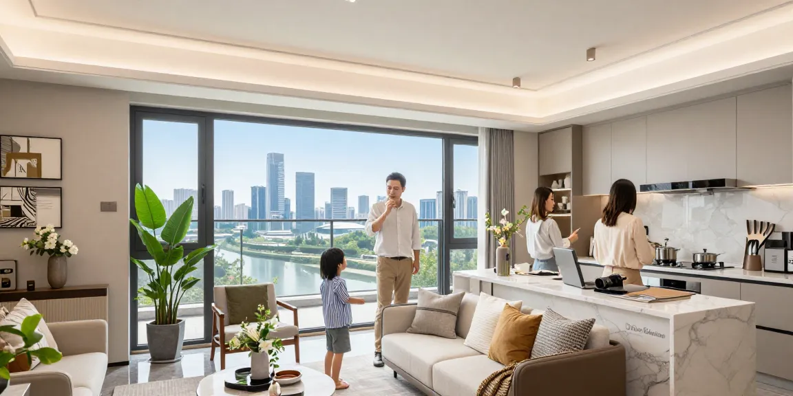 Dover Residences Showflat featuring a modern open-plan living area, family interacting in a luxurious setting, highlighting contemporary design.