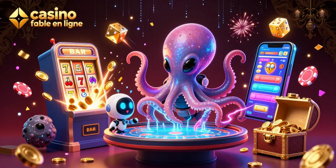 Le jeu de cartes et de poker en ligne s'illumine avec casino fiable en ligne, un octopus extraterrestre et un robot autour d'une table holographique.