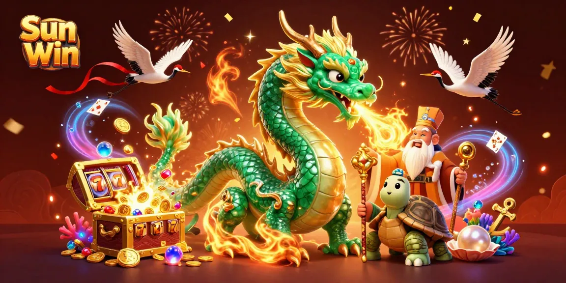 Spin the slots in an engaging scene portraying Sun Win with mythical creatures and rich treasures.