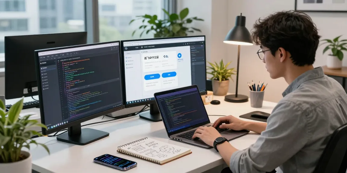 Discovering powerful features of 纸飞机中文版 in a modern coding workspace with multiple screens and tech devices.