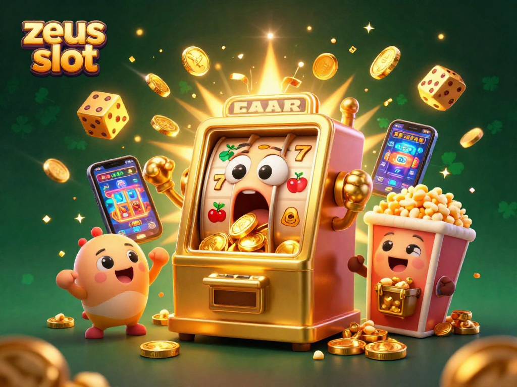 Experience the thrill of zeus slot as the golden slot machine hits a jackpot amidst a joyful celebration of coins and symbols.