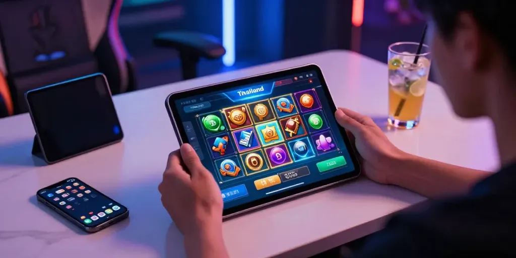 Player enjoying server Thailand slot games on a sleek tablet in a vibrant gaming setup.
