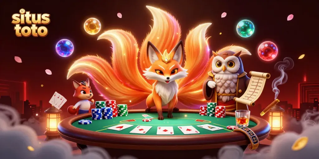 Experience excitement with situs toto, featuring a vibrant poker scene with mystical characters.
